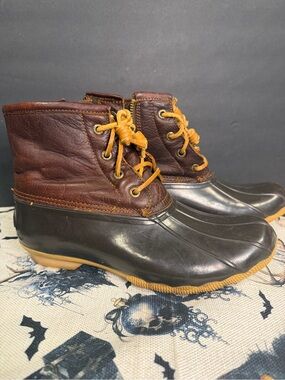 Sperry Brown Leather and Black Rubber Duck Boots with Yellow Laces
